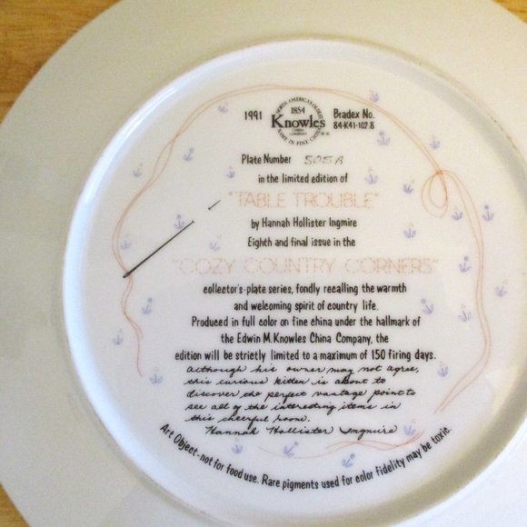 1991 Edwin M Knowles Cozy Country Corners Table Trouble Cat Plate Ltd Edition - Picture 8 of 10